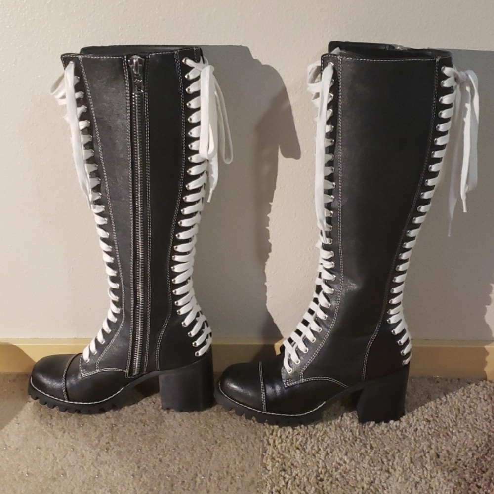 Dolls Kill Black Knee-High Platform Lace-Up Boots